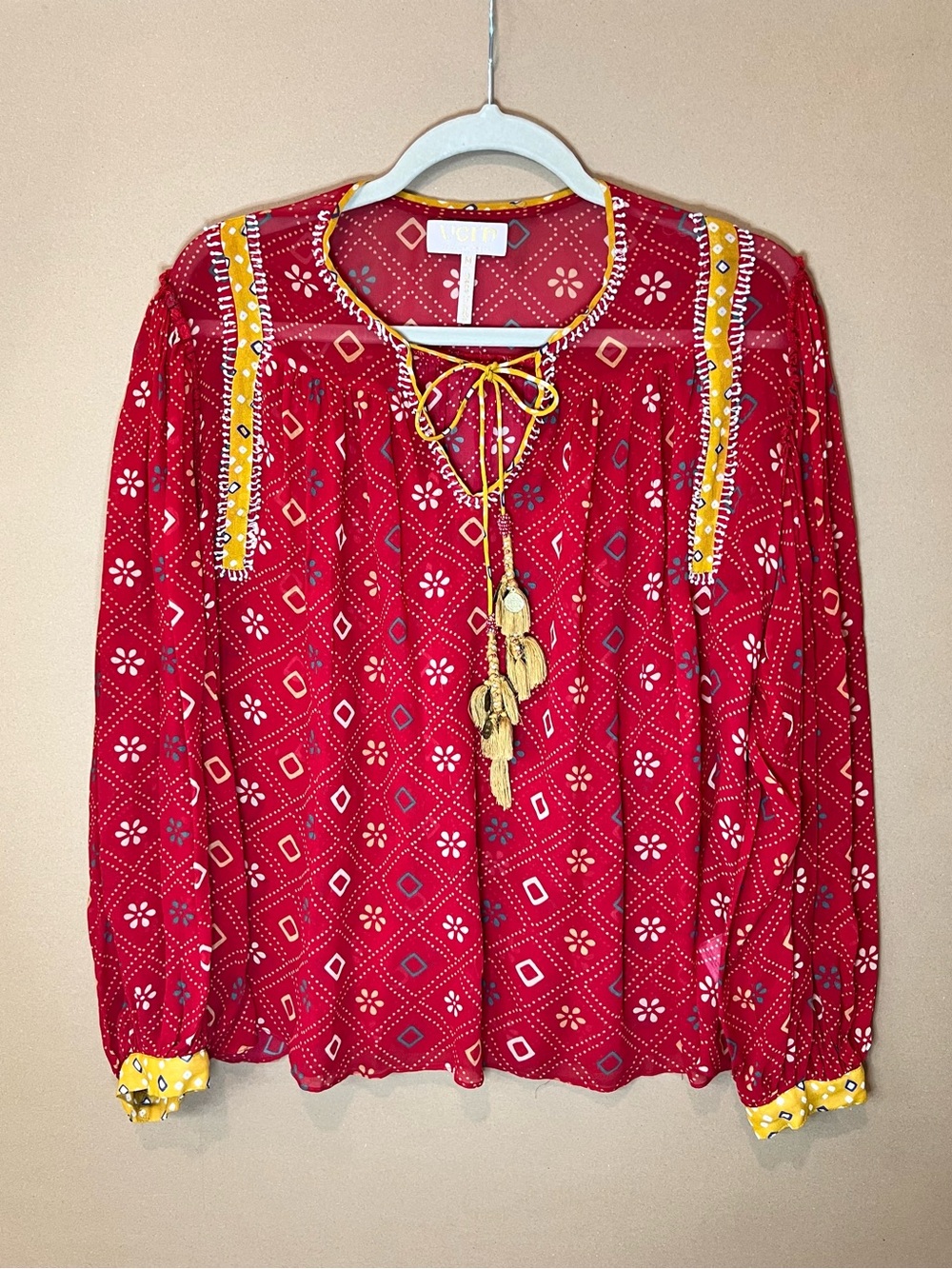 Verb by Pallavi Singhee Red Boho Tassel Tie Printed Peasant Blouse Size M